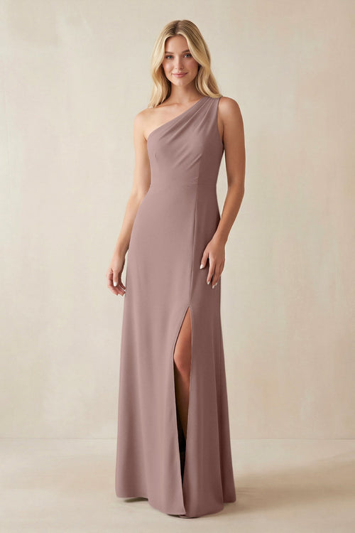 One - Shoulder Sheath Satin Bridesmaid Dress With Slit in Toffee - KissProm Bridesmaid Dresses