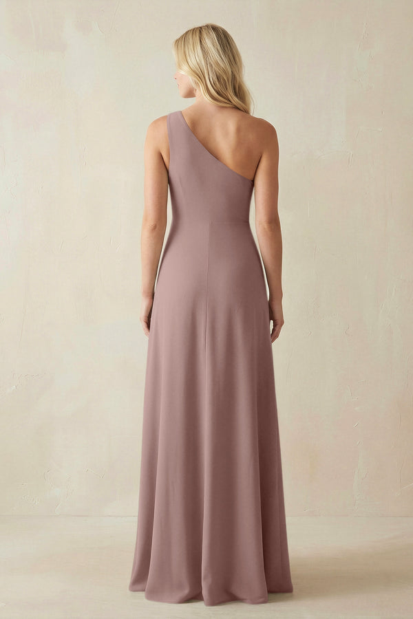 One - Shoulder Sheath Satin Bridesmaid Dress With Slit in Toffee - KissProm Bridesmaid Dresses