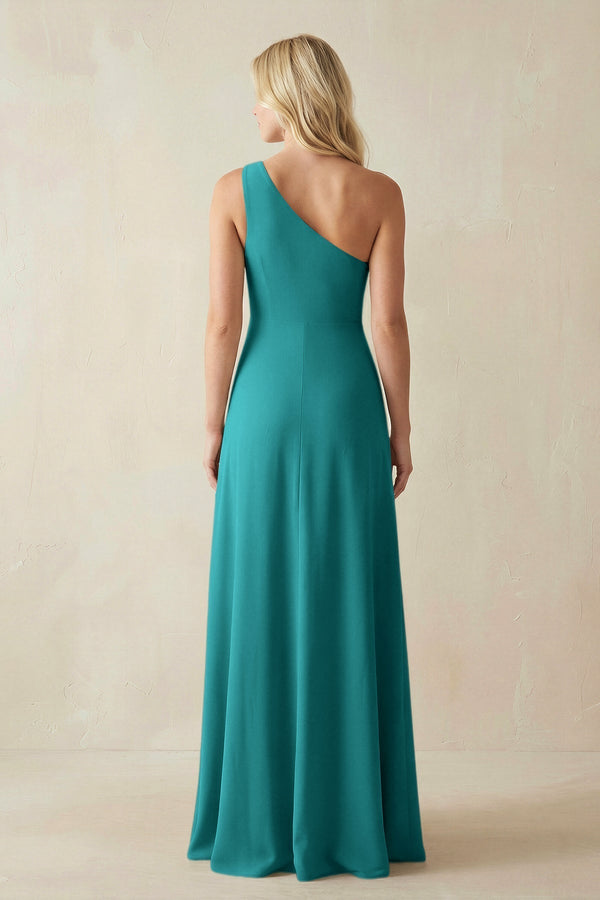 One - Shoulder Sheath Satin Bridesmaid Dress With Slit in Turquoise - KissProm Bridesmaid Dresses