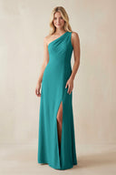 One - Shoulder Sheath Satin Bridesmaid Dress With Slit in Turquoise - KissProm Bridesmaid Dresses