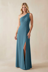 One - Shoulder Sheath Satin Bridesmaid Dress With Slit in Twilight - KissProm Bridesmaid Dresses