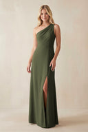 One - Shoulder Sheath Satin Bridesmaid Dress With Slit in Willow Green - KissProm Bridesmaid Dresses