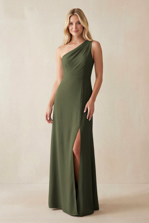One - Shoulder Sheath Satin Bridesmaid Dress With Slit in Willow Green - KissProm Bridesmaid Dresses