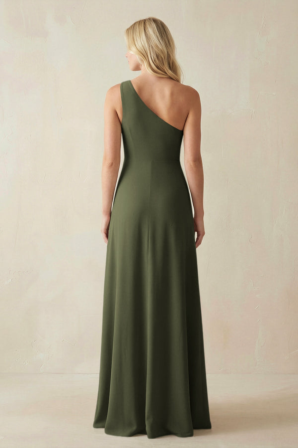 One - Shoulder Sheath Satin Bridesmaid Dress With Slit in Willow Green - KissProm Bridesmaid Dresses