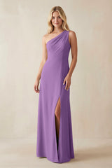 One - Shoulder Sheath Satin Bridesmaid Dress With Slit in Wisteria - KissProm Bridesmaid Dresses