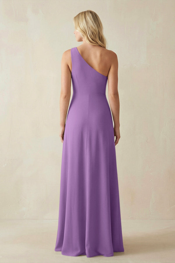 One - Shoulder Sheath Satin Bridesmaid Dress With Slit in Wisteria - KissProm Bridesmaid Dresses