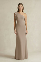 One - Shoulder Sheath Satin Long Bridesmaid Dress in Almond - KissProm Bridesmaid Dresses