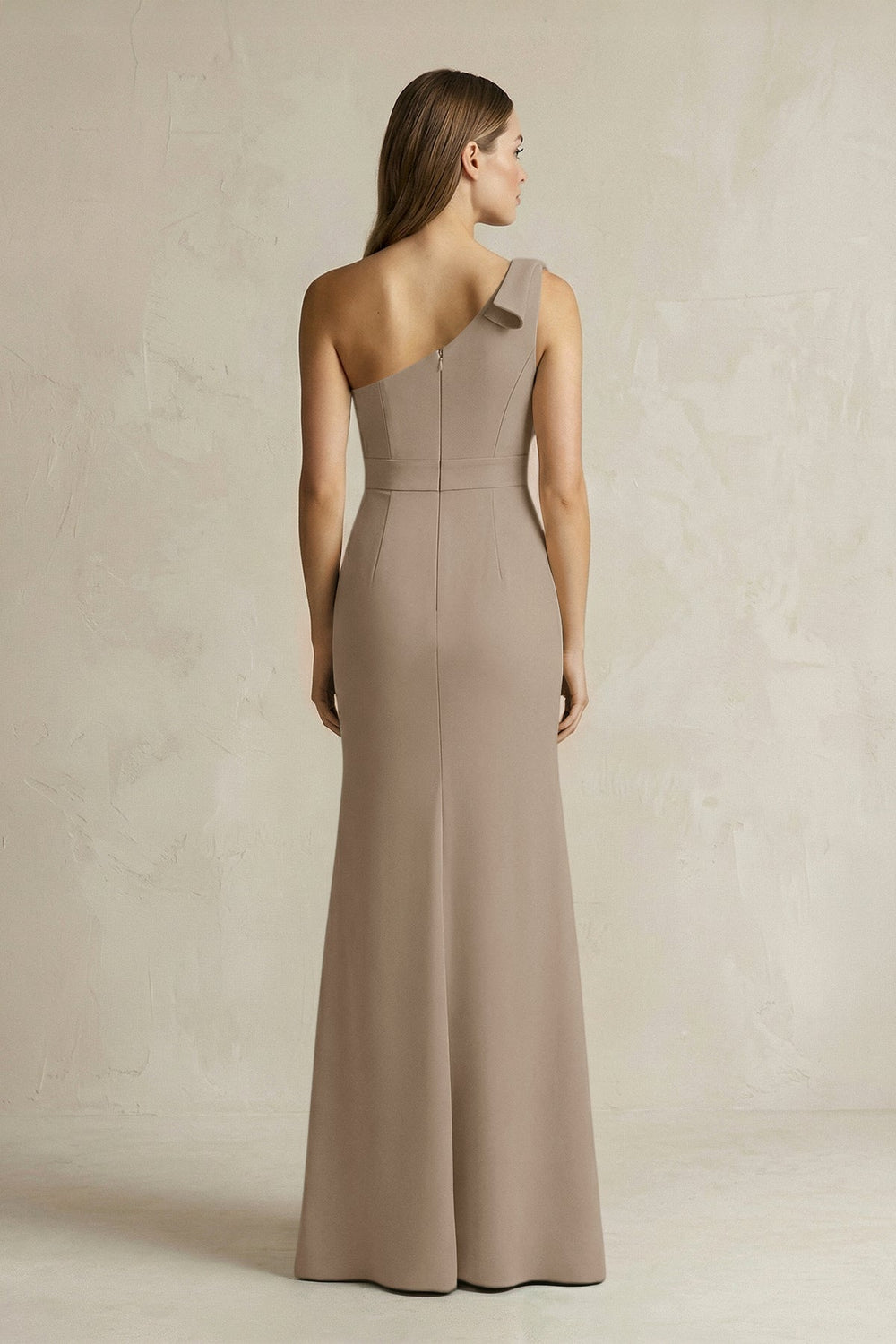 One - Shoulder Sheath Satin Long Bridesmaid Dress in Almond - KissProm Bridesmaid Dresses