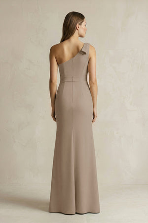 One - Shoulder Sheath Satin Long Bridesmaid Dress in Almond - KissProm Bridesmaid Dresses