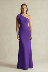 One - Shoulder Sheath Satin Long Bridesmaid Dress in Amethyst - KissProm Bridesmaid Dresses