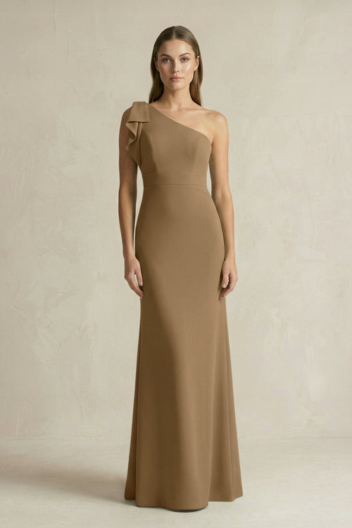 One - Shoulder Sheath Satin Long Bridesmaid Dress in Apple Cinnamon - KissProm Bridesmaid Dresses