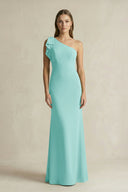 One - Shoulder Sheath Satin Long Bridesmaid Dress in Aqua - KissProm Bridesmaid Dresses