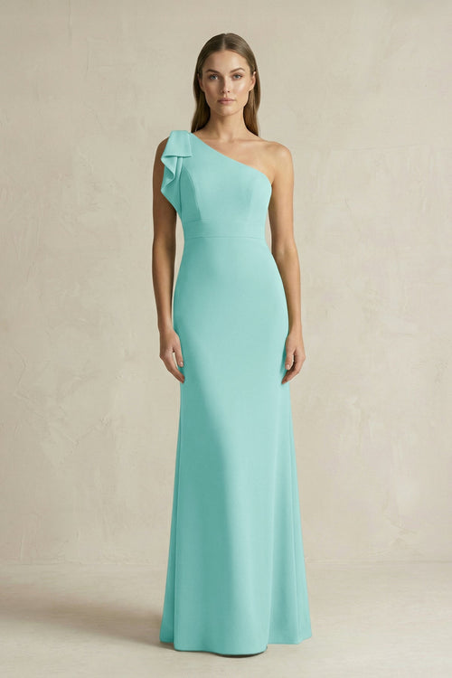 One - Shoulder Sheath Satin Long Bridesmaid Dress in Aqua - KissProm Bridesmaid Dresses