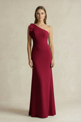 One - Shoulder Sheath Satin Long Bridesmaid Dress in Berry - KissProm Bridesmaid Dresses