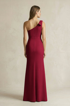 One - Shoulder Sheath Satin Long Bridesmaid Dress in Berry - KissProm Bridesmaid Dresses