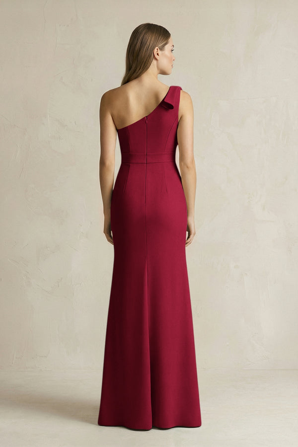 One - Shoulder Sheath Satin Long Bridesmaid Dress in Berry - KissProm Bridesmaid Dresses