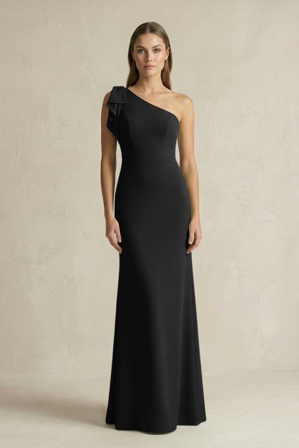 One - Shoulder Sheath Satin Long Bridesmaid Dress in Black - KissProm Bridesmaid Dresses
