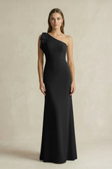 One - Shoulder Sheath Satin Long Bridesmaid Dress in Black - KissProm Bridesmaid Dresses