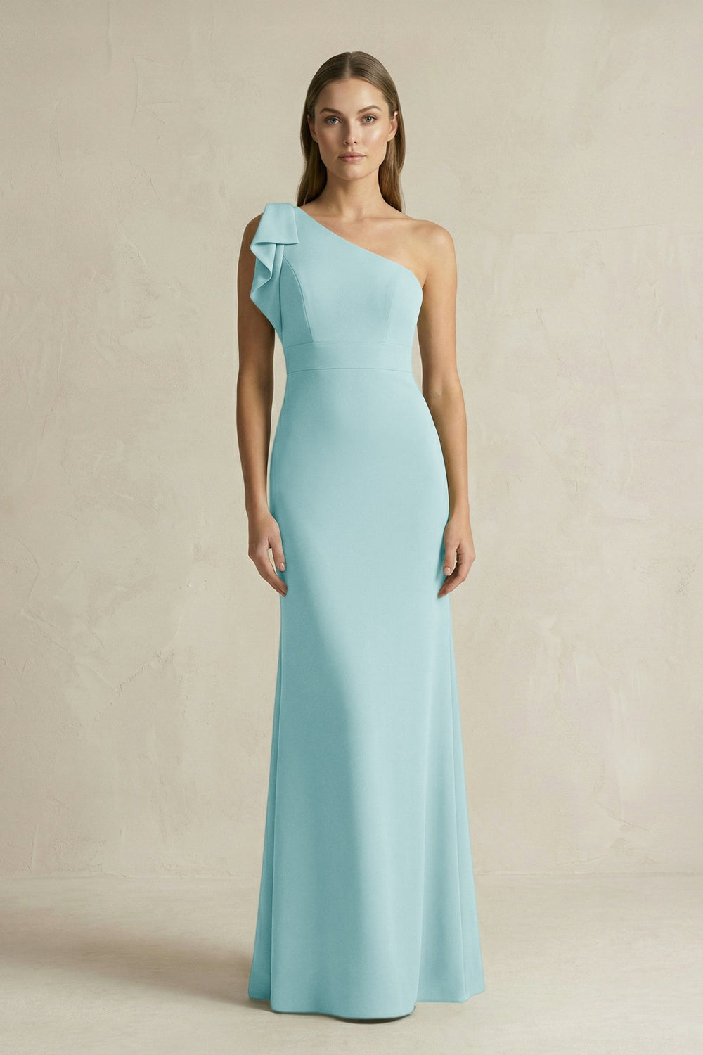 One - Shoulder Sheath Satin Long Bridesmaid Dress in Bleached Aqua - KissProm Bridesmaid Dresses