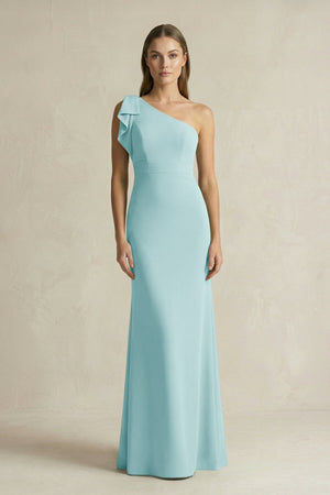 One - Shoulder Sheath Satin Long Bridesmaid Dress in Bleached Aqua - KissProm Bridesmaid Dresses
