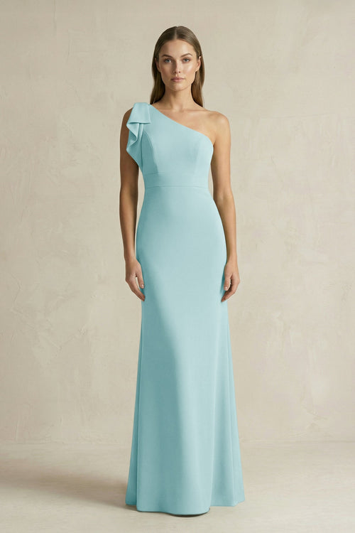 One - Shoulder Sheath Satin Long Bridesmaid Dress in Bleached Aqua - KissProm Bridesmaid Dresses