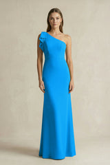 One - Shoulder Sheath Satin Long Bridesmaid Dress in Blue Jay - KissProm Bridesmaid Dresses