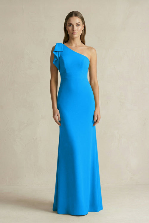 One - Shoulder Sheath Satin Long Bridesmaid Dress in Blue Jay - KissProm Bridesmaid Dresses