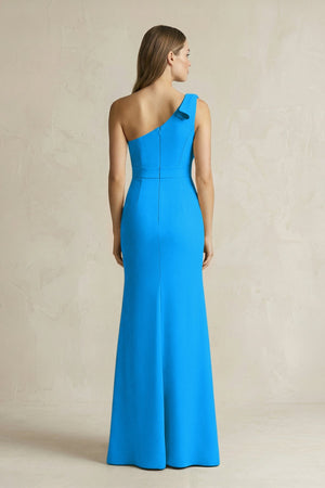 One - Shoulder Sheath Satin Long Bridesmaid Dress in Blue Jay - KissProm Bridesmaid Dresses