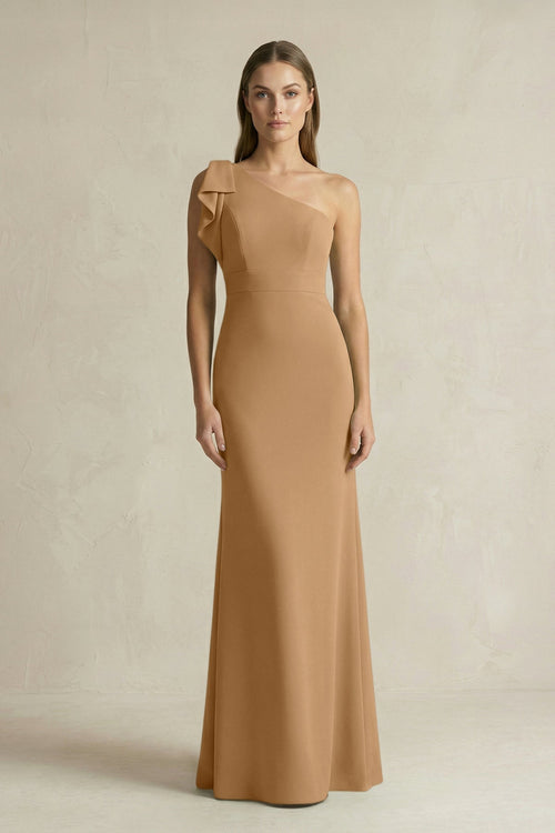One - Shoulder Sheath Satin Long Bridesmaid Dress in Bronzer - KissProm Bridesmaid Dresses