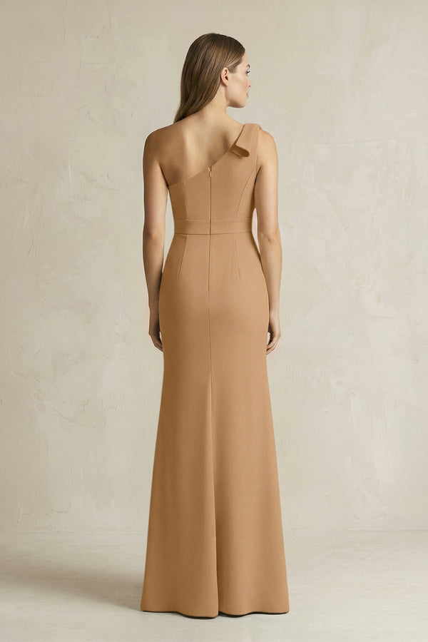 One - Shoulder Sheath Satin Long Bridesmaid Dress in Bronzer - KissProm Bridesmaid Dresses