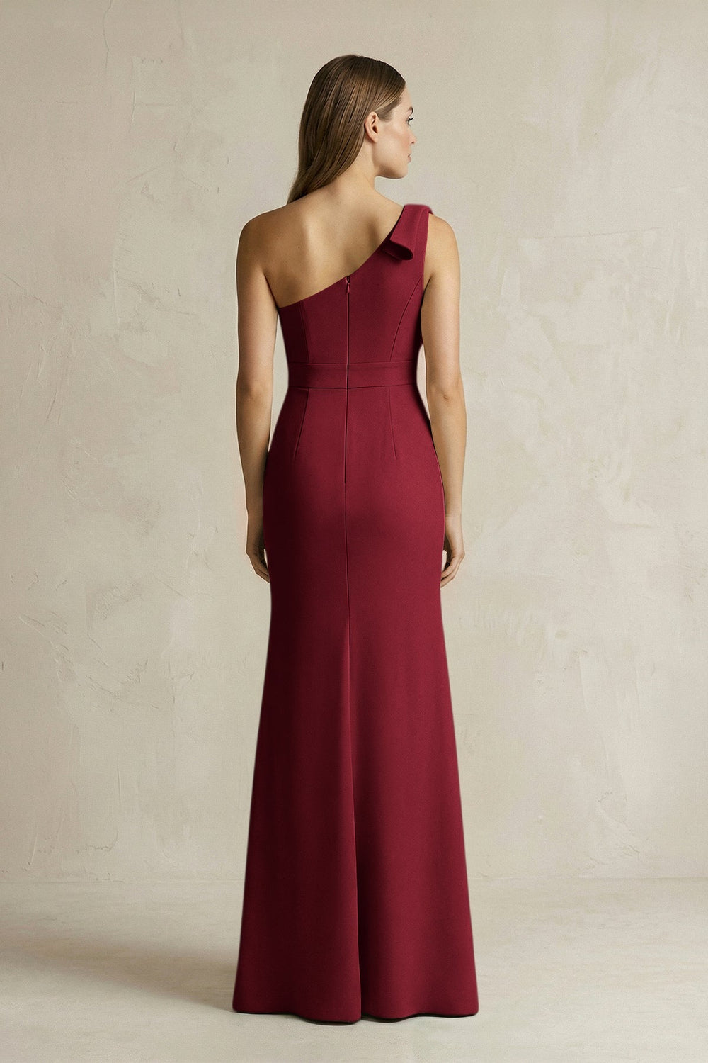 One - Shoulder Sheath Satin Long Bridesmaid Dress in Burgundy - KissProm Bridesmaid Dresses