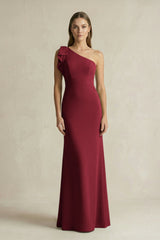 One - Shoulder Sheath Satin Long Bridesmaid Dress in Burgundy - KissProm Bridesmaid Dresses