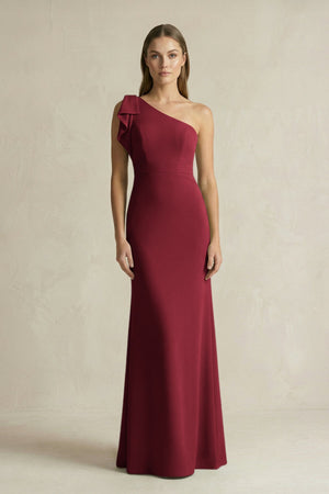 One - Shoulder Sheath Satin Long Bridesmaid Dress in Burgundy - KissProm Bridesmaid Dresses