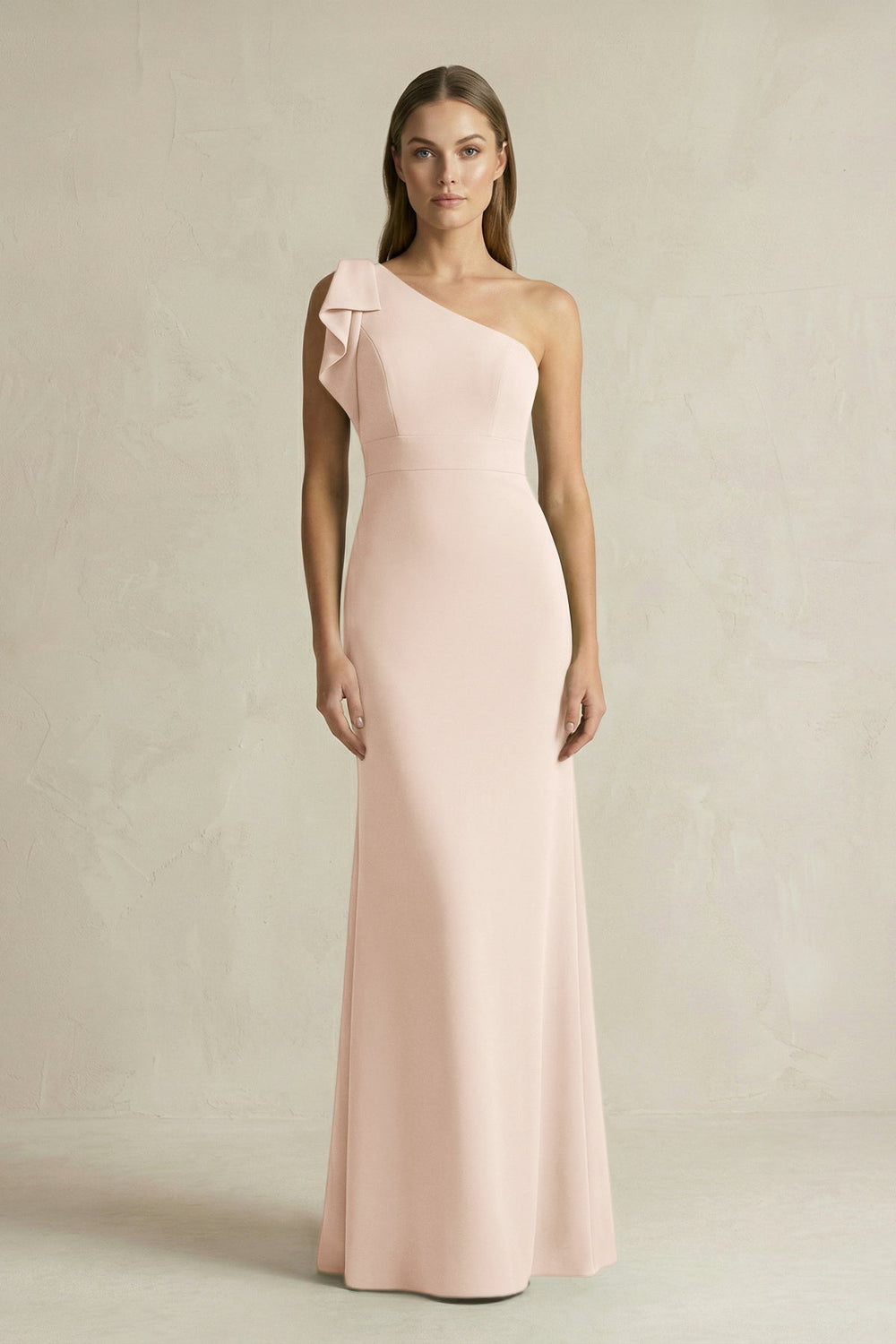 One - Shoulder Sheath Satin Long Bridesmaid Dress in Buttercream - KissProm Bridesmaid Dresses