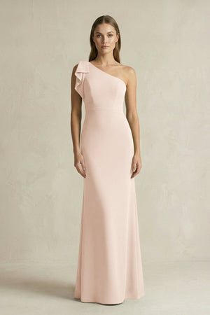 One - Shoulder Sheath Satin Long Bridesmaid Dress in Buttercream - KissProm Bridesmaid Dresses