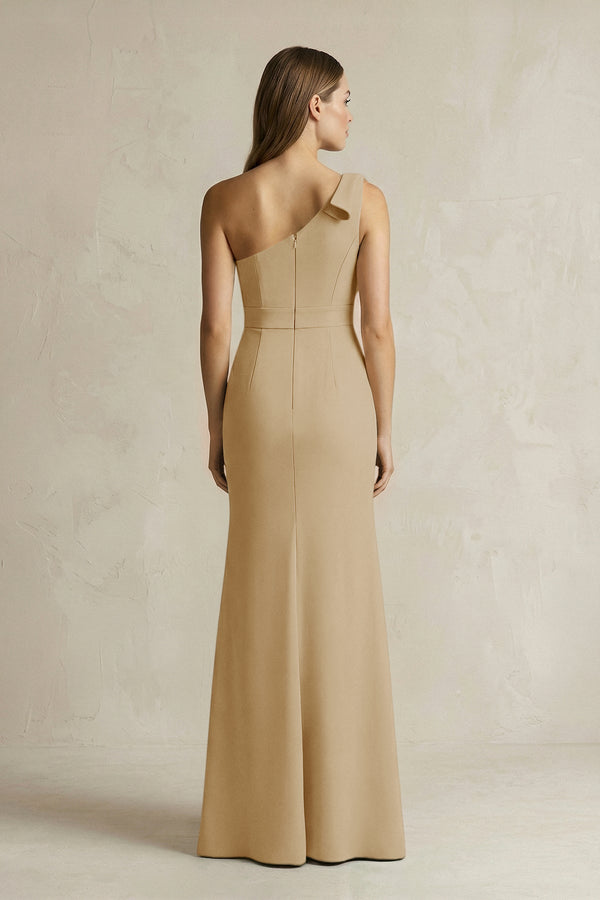 One - Shoulder Sheath Satin Long Bridesmaid Dress in Champagne - KissProm Bridesmaid Dresses