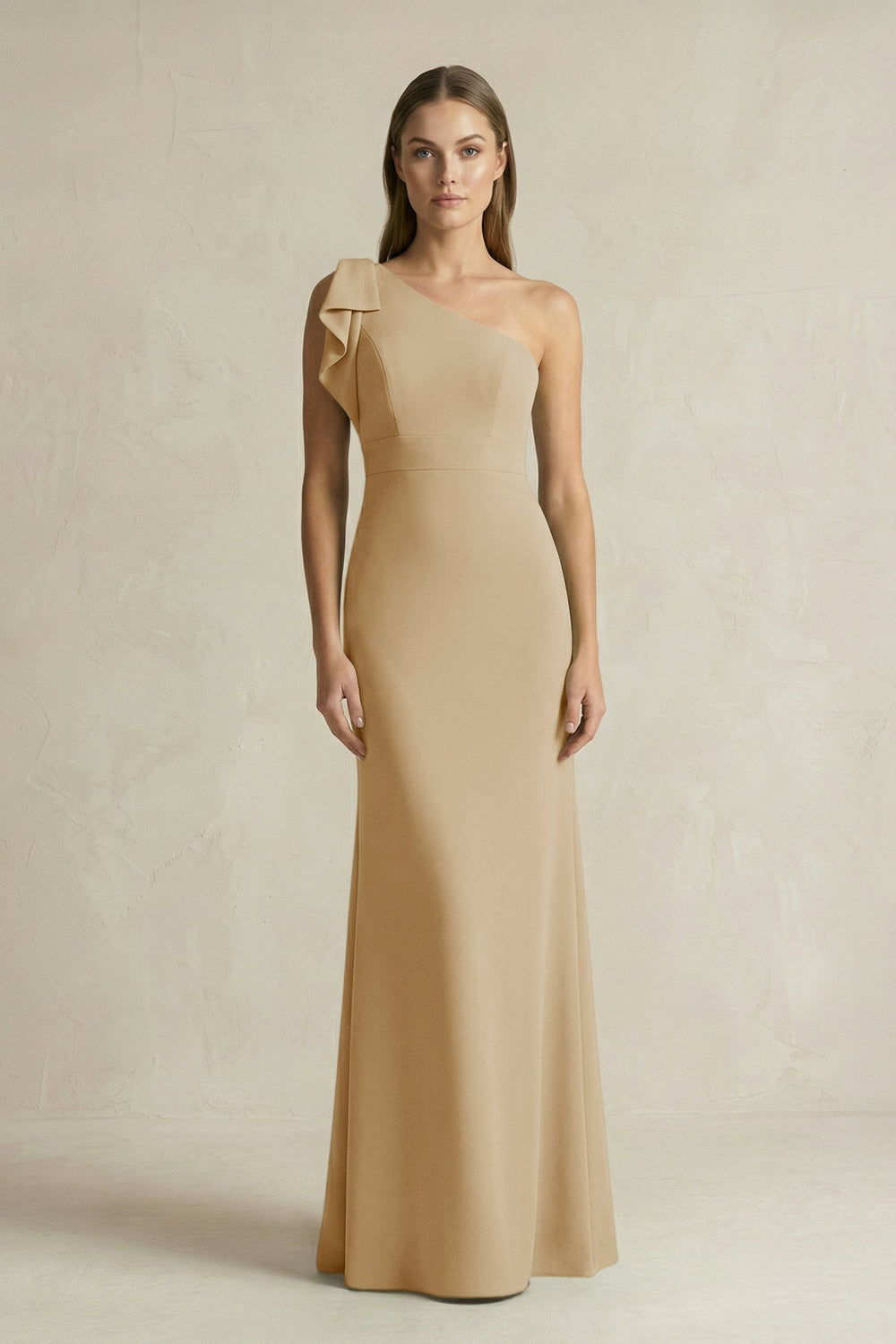 One - Shoulder Sheath Satin Long Bridesmaid Dress in Champagne - KissProm Bridesmaid Dresses