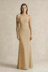 One - Shoulder Sheath Satin Long Bridesmaid Dress in Champagne - KissProm Bridesmaid Dresses
