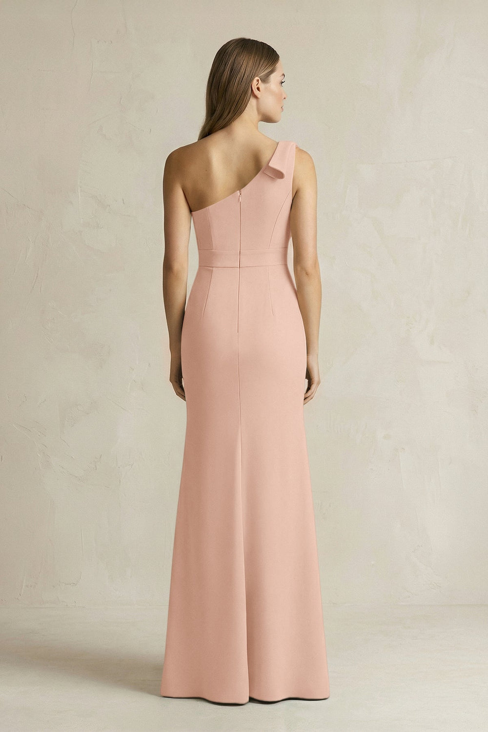 One - Shoulder Sheath Satin Long Bridesmaid Dress in Champagne Rose - KissProm Bridesmaid Dresses
