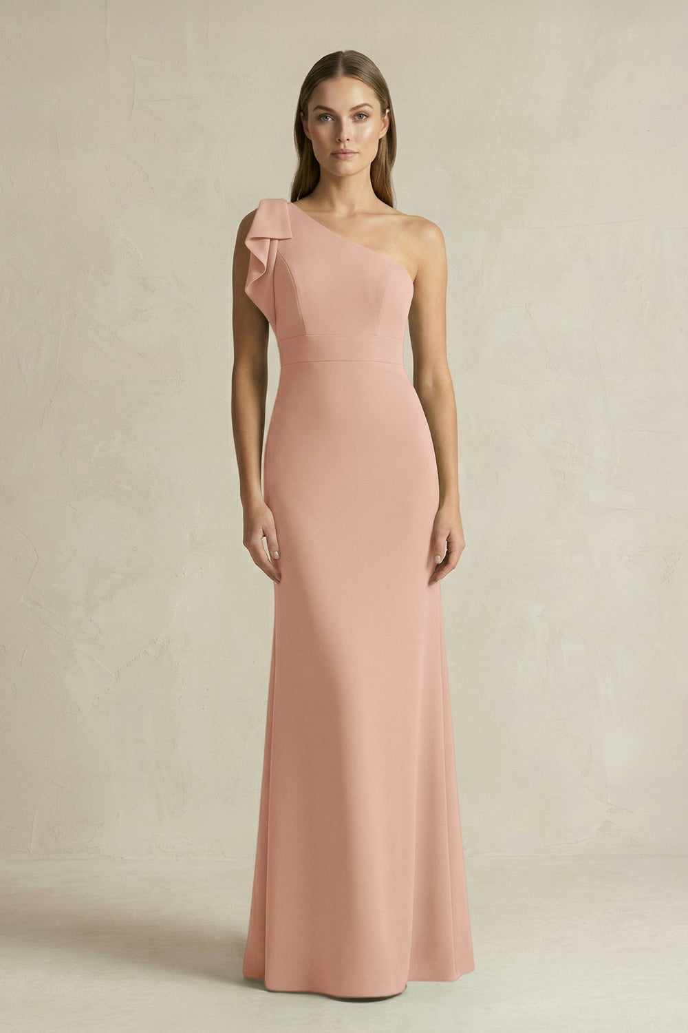 One - Shoulder Sheath Satin Long Bridesmaid Dress in Champagne Rose - KissProm Bridesmaid Dresses