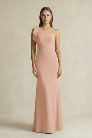 One - Shoulder Sheath Satin Long Bridesmaid Dress in Champagne Rose - KissProm Bridesmaid Dresses