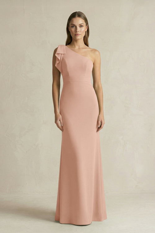 One - Shoulder Sheath Satin Long Bridesmaid Dress in Champagne Rose - KissProm Bridesmaid Dresses