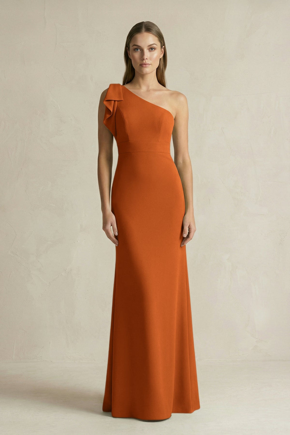One - Shoulder Sheath Satin Long Bridesmaid Dress in Cinnamon - KissProm Bridesmaid Dresses
