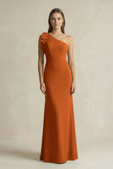 One - Shoulder Sheath Satin Long Bridesmaid Dress in Cinnamon - KissProm Bridesmaid Dresses
