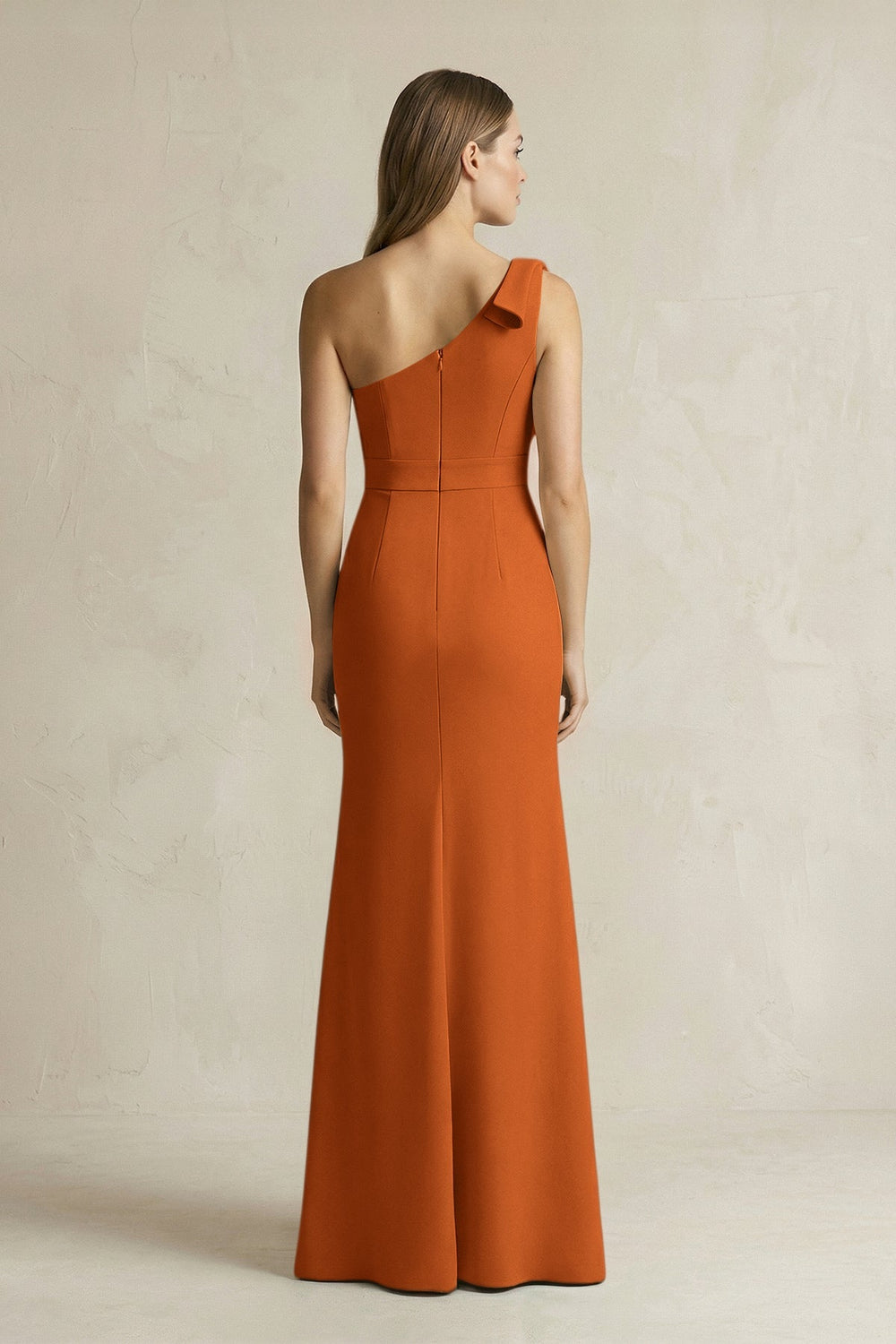 One - Shoulder Sheath Satin Long Bridesmaid Dress in Cinnamon - KissProm Bridesmaid Dresses