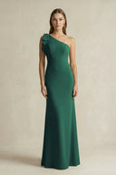 One - Shoulder Sheath Satin Long Bridesmaid Dress in Dark Green - KissProm Bridesmaid Dresses