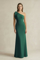 One - Shoulder Sheath Satin Long Bridesmaid Dress in Dark Green - KissProm Bridesmaid Dresses