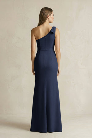 One - Shoulder Sheath Satin Long Bridesmaid Dress in Dark Navy - KissProm Bridesmaid Dresses