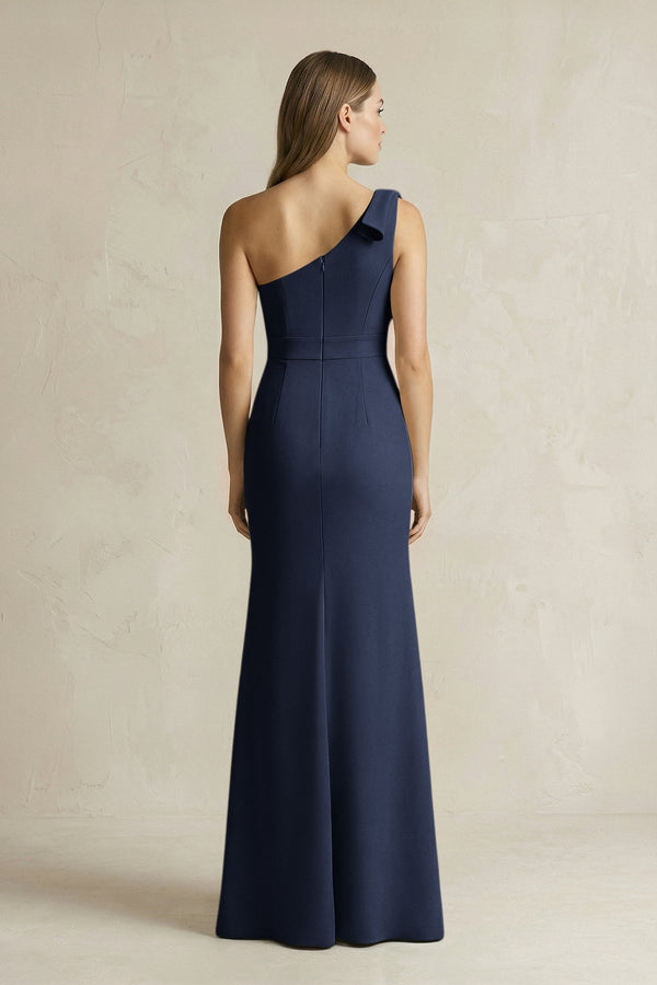 One - Shoulder Sheath Satin Long Bridesmaid Dress in Dark Navy - KissProm Bridesmaid Dresses
