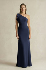 One - Shoulder Sheath Satin Long Bridesmaid Dress in Dark Navy - KissProm Bridesmaid Dresses